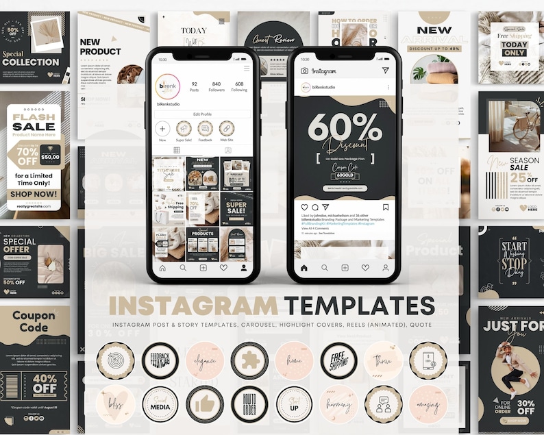 May include: A collection of Instagram templates for social media marketing. The templates feature a variety of designs, including black and white, with geometric shapes and text overlays. The templates are designed for use with Instagram posts, stories, carousels, highlight covers, reels, and quotes.