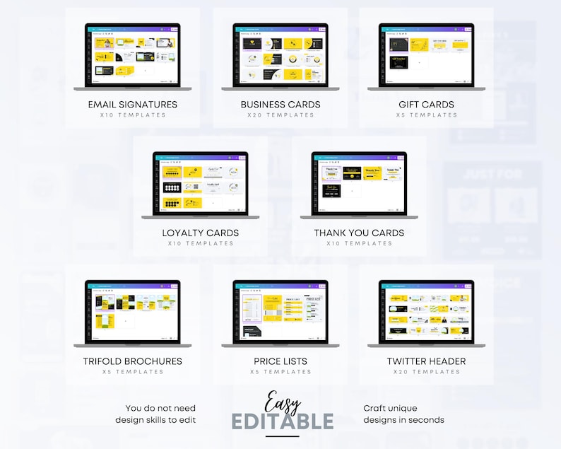 May include: A collage of computer screens showing different types of customizable templates, including email signatures, business cards, gift cards, loyalty cards, thank you cards, trifold brochures, price lists, and Twitter headers. The text "Easy Editable" is displayed in large letters at the bottom of the image.