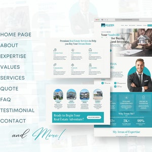 Pode incluir: Uma p&aacute;gina inicial de site para uma empresa imobili&aacute;ria chamada ELITE. O site apresenta um esquema de cores azul e branco com uma foto de um homem de terno. O texto no site diz "Servi&ccedil;os imobili&aacute;rios premium para ajud&aacute;-lo a comprar a casa dos seus sonhos" e "Seu Nashville para comprar e investir".