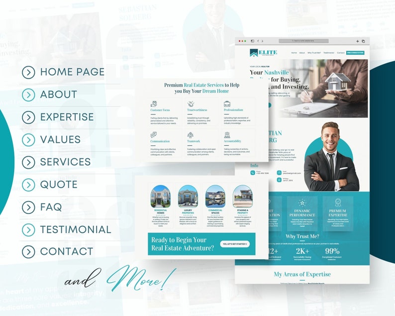 Pode incluir: Uma p&aacute;gina inicial de site para uma empresa imobili&aacute;ria chamada ELITE. O site apresenta um esquema de cores azul e branco com uma foto de um homem de terno. O texto no site diz "Servi&ccedil;os imobili&aacute;rios premium para ajud&aacute;-lo a comprar a casa dos seus sonhos" e "Seu Nashville para comprar e investir".