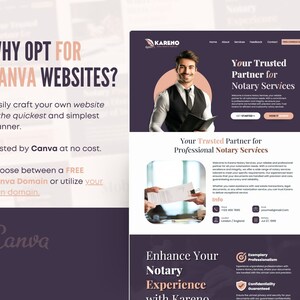 K&ouml;nnte beinhalten: Eine Website-Designvorlage f&uuml;r ein Notariatsgesch&auml;ft. Die Website ist lila und zeigt ein Foto eines Mannes im Anzug, der ein Dokument h&auml;lt. Der Text auf der Website lautet "Ihr zuverl&auml;ssiger Partner f&uuml;r Notardienste" und "Verbessern Sie Ihre Notarerfahrung mit Kareno".