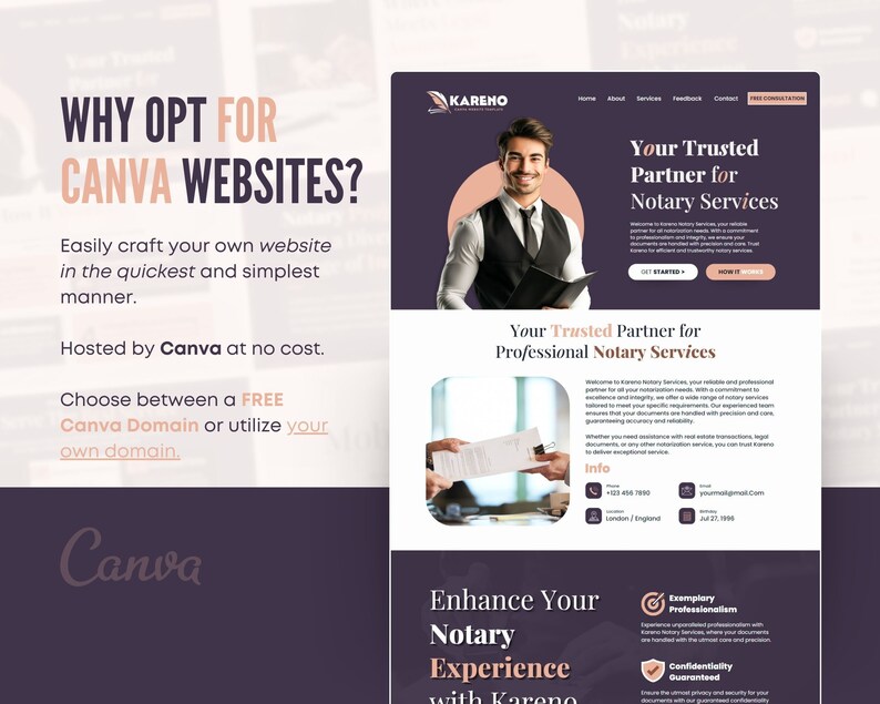 K&ouml;nnte beinhalten: Eine Website-Designvorlage f&uuml;r ein Notariatsgesch&auml;ft. Die Website ist lila und zeigt ein Foto eines Mannes im Anzug, der ein Dokument h&auml;lt. Der Text auf der Website lautet "Ihr zuverl&auml;ssiger Partner f&uuml;r Notardienste" und "Verbessern Sie Ihre Notarerfahrung mit Kareno".