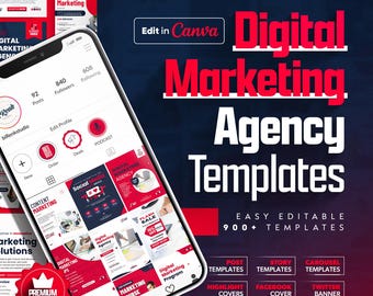 May include: A smartphone displays digital marketing agency templates with a red and white design. The screen shows various social media marketing posts, highlight covers, and Facebook covers. The text includes "Digital Marketing Agency Templates" and "Edit in Canva."