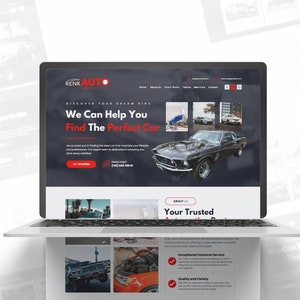 Puede incluir: Un sitio web para un concesionario de autom&oacute;viles llamado Renk Auto. El sitio web presenta un esquema de color blanco y negro con acentos rojos. El sitio web tiene una imagen grande de un autom&oacute;vil cl&aacute;sico negro en el centro de la p&aacute;gina. El sitio web tambi&eacute;n presenta una secci&oacute;n sobre el concesionario, que destaca su servicio al cliente y su calidad.