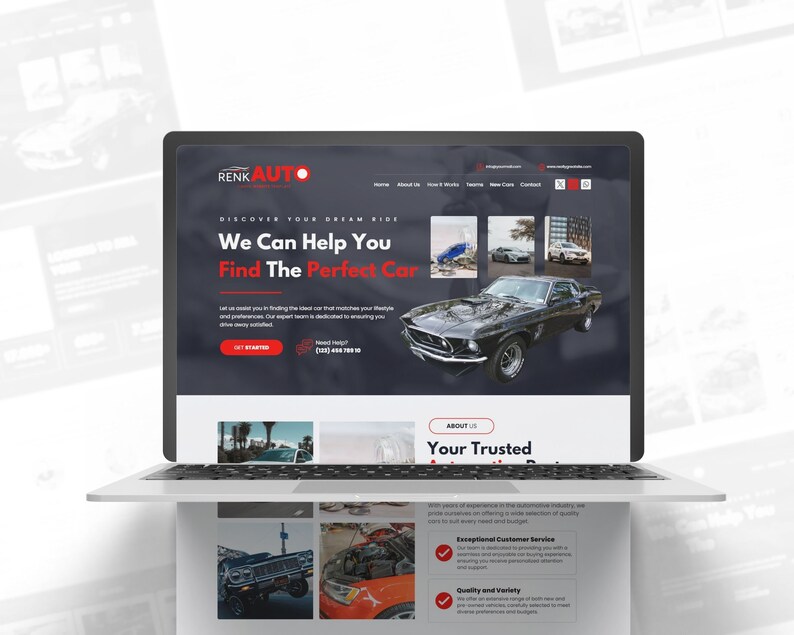 Puede incluir: Un sitio web para un concesionario de autom&oacute;viles llamado Renk Auto. El sitio web presenta un esquema de color blanco y negro con acentos rojos. El sitio web tiene una imagen grande de un autom&oacute;vil cl&aacute;sico negro en el centro de la p&aacute;gina. El sitio web tambi&eacute;n presenta una secci&oacute;n sobre el concesionario, que destaca su servicio al cliente y su calidad.