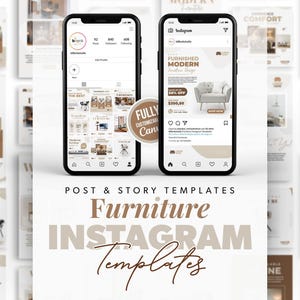 Può includere: Un set di modelli Instagram per aziende di mobili. I modelli presentano un design moderno con una tavolozza di colori neutri di marrone e beige. I modelli includono sia modelli di post che di storie. Il testo sui modelli include "FURNISHED MODERN", "50% OFF", "350,50 €", "FULLY CUSTOMIZABLE", "Canva", "POST & STORY TEMPLATES", "Furniture", "INSTAGRAM", "Templates" e "WE DESIGN YOUR HOME".