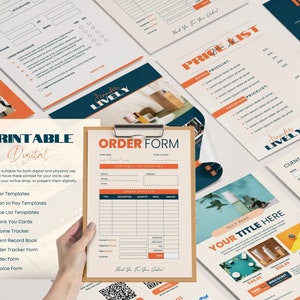 May include: A set of printable and digital business templates in orange and blue with the text "Printable or Digital" and "Jennifer Lively". The templates include an order form, client intake form, price list, and flyer templates.