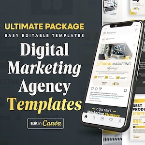 Puede incluir: Un paquete de plantillas de agencia de marketing digital con un esquema de color negro y amarillo. El texto "ULTIMATE PACKAGE" está en letras grandes, negritas y amarillas. El texto "EASY EDITABLE TEMPLATES" está en letras amarillas más pequeñas. El texto "Digital Marketing Agency Templates" está en letras grandes y blancas. El texto "Edit in Canva" está en un botón blanco con un borde amarillo. La imagen también incluye una maqueta de un teléfono inteligente con una publicación en redes sociales que dice "DIGITAL MARKETING Agency".