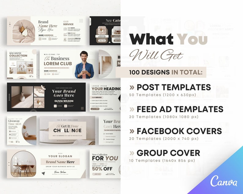Pu&ograve; includere: Un set di modelli di progettazione grafica per i social media con 100 design in totale. I design sono in stile minimalista con una tavolozza di colori neutri beige, nero e bianco. I design includono modelli di post, modelli di annunci di feed, copertine di Facebook e copertine di gruppo. Il testo "What You Will Get" &egrave; visualizzato in grassetto nero con il testo "100 Designs in Total" in un carattere pi&ugrave; piccolo. Il testo "Canva" &egrave; visualizzato nell'angolo in basso a destra dell'immagine.