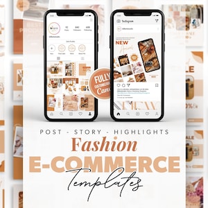 Op de afbeelding: Een verzameling social media-sjablonen voor mode-e-commercebedrijven. De sjablonen hebben een neutrale kleurenpalet van bruin en wit met tekstoverlays. De sjablonen zijn volledig aanpasbaar en kunnen worden gebruikt voor Instagram-berichten, verhalen en highlights.