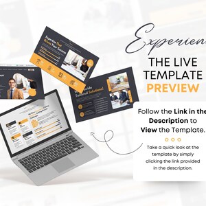 May include: A laptop displays a website design with the text "Empower Your Team, Drive Success." Floating around the laptop are business presentation slides with text and graphics. The image includes the text "Experience The Live Template Preview."