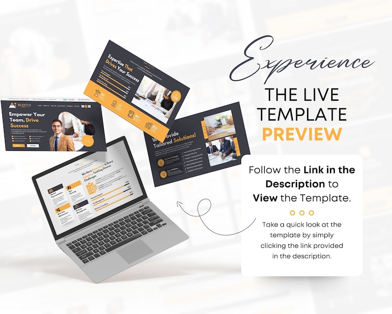 May include: A laptop displays a website design with the text "Empower Your Team, Drive Success." Floating around the laptop are business presentation slides with text and graphics. The image includes the text "Experience The Live Template Preview."