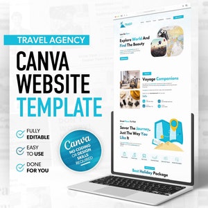 Puede incluir: Un ordenador portátil que muestra una plantilla de sitio web para una agencia de viajes. El sitio web está diseñado con Canva y presenta un esquema de color azul y blanco. El texto en el sitio web dice "Explorar el mundo y encontrar la belleza", "Compañeros de viaje", "Saborea el viaje, tal como te gusta", y "Mejor paquete de vacaciones".