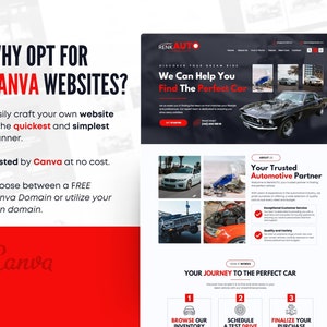 Puede incluir: Una captura de pantalla de un sitio web de concesionario de autom&oacute;viles creado con Canva. El sitio web presenta una foto en blanco y negro de un autom&oacute;vil cl&aacute;sico, un bot&oacute;n de llamada a la acci&oacute;n que dice "Comenzar", y una secci&oacute;n sobre el socio automotriz de confianza del concesionario.