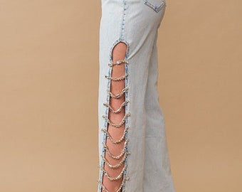 Cut Out At Side w/ Jewel Trim Stretch Denim Jeans