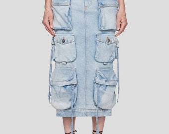 Slit Midi Denim Skirt with Pockets