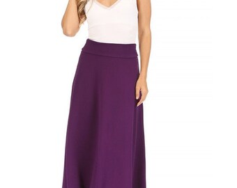 Solid, high waisted, A-line, midi skirt