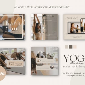 Puede incluir: Un conjunto de 60 plantillas de redes sociales para estudios de yoga, con un diseño minimalista y una paleta de colores neutros beige, marrón y blanco. Las plantillas incluyen texto como "Gracias", "Pases de otoño", "Yoga en línea" y "Estudio de yoga".