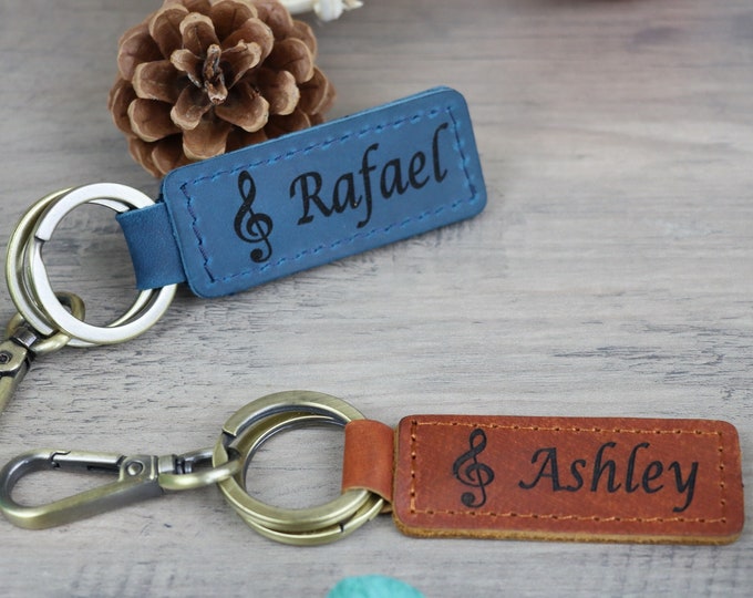 Treble Clef Music Personalized Keychain / Keyring / Bag Tag / Name Tag - Genuine Leather