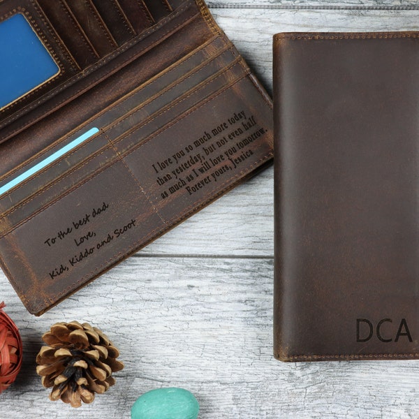 Personalized Men's Wallet, Long Leather Wallet, Personalized Gift For Dad, Engraved Leather Wallet, Gift for Him, Gift For Husband