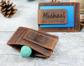 Personalized Money Clip Wallet Leather Men&#39;s Wallet with Money Clip Genuine Leather Front Pocket Money Holder Magnet Wallet Gift for Him