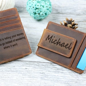 Cartera de cuero envejecido con bloqueo RFID para hombre, tarjetero con clip para dinero, minimalista, delgada, con bolsillo frontal, en caja de regalo