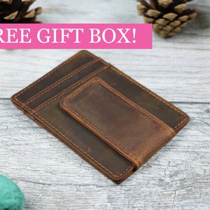 Cartera de clip de dinero personalizada cuero marrón hombres cartera con clip de dinero cuero genuino bolsillo delantero dinero titular imán cartera regalo para él