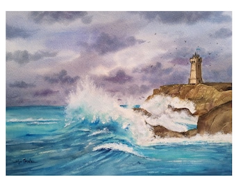 Lighthouse 1 | Seascape, Watercolor Landscape, Spray, Wave, Watercolor, Wall Decor, Art, Paintings