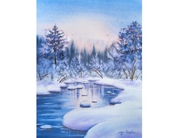 Snow Landscape | Watercolor landscape, winter landscape, sunset, wall decor, art, painting