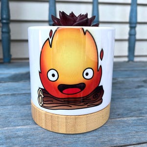 May include: A white ceramic planter with a cartoon image of a fire spirit with a smiling face, sitting on a log. The planter has a bamboo base and is filled with a succulent plant.
