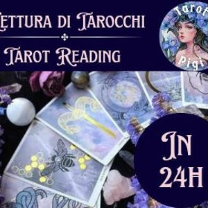 Può includere: Immagine promozionale per letture di tarocchi. L'immagine presenta carte dei tarocchi, fiori secchi e una sfera di cristallo. Il testo include "Tarot Reading" e "In 24H". Un grafico circolare mostra una donna con fiori tra i capelli.