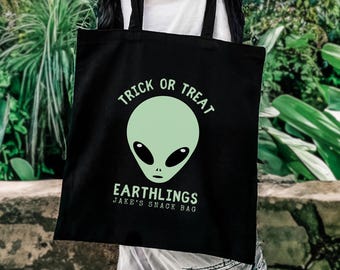 Alien Trick or Treat Tote Bag, Halloween Canvas Bag, Earthlings Snack Bag, Alien Lover Tote, Spooky Season Gift For Kid For Friend