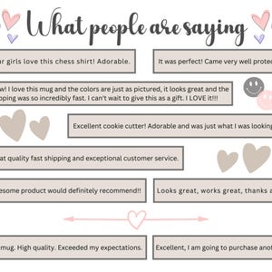 May include: Image featuring customer testimonials with the heading "What people are saying." Text includes positive feedback on a chess shirt, mug, and cookie cutter. Decorative hearts and arrows are also present.