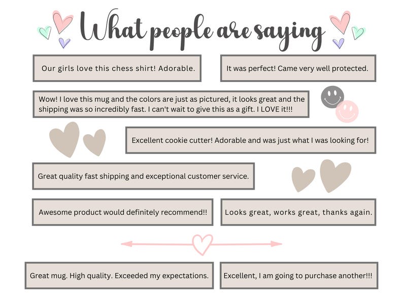 May include: Image featuring customer testimonials with the heading "What people are saying." Text includes positive feedback on a chess shirt, mug, and cookie cutter. Decorative hearts and arrows are also present.
