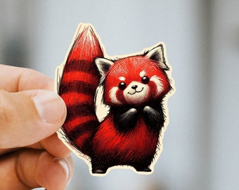 May include: A red panda sticker with a white face and black eyes. The panda is standing on its hind legs with its front paws crossed in front of its chest. The panda has a fluffy tail with black stripes.
