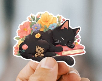 Black Cat Sticker, Black Cat on Book Sticker, Bookish Cat Sticker, Gifts for her, Reading Waterproof Sticker