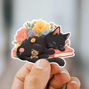 Black Cat Sticker, Black Cat on Book Sticker, Bookish Cat Sticker, Gifts for her, Reading Waterproof Sticker