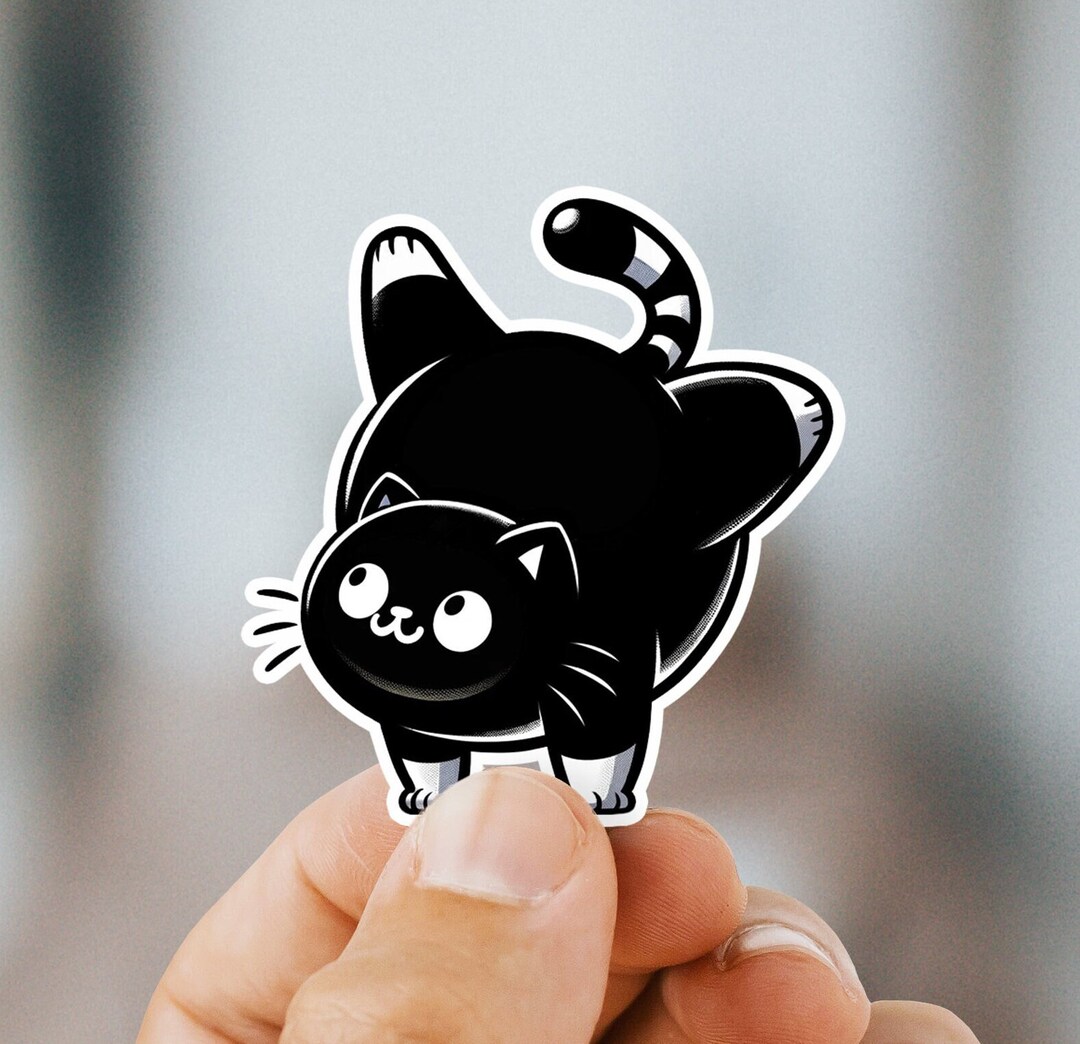 Funny Black Cat Sticker - Cute Vinyl Cat Decal - Derpy Cartoon Cat Gift ...