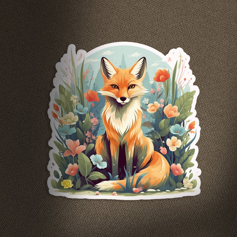 May include: A sticker featuring a red fox sitting in a field of colorful flowers. The fox has a white chest and a bushy tail. The flowers are in shades of pink, blue, yellow, and white.