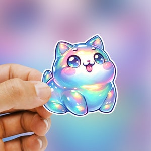 Pegatina holográfica de gato gomoso, bonito regalo para niños, vinilo mate de primera calidad, resistente al agua, a los arañazos, apto para lavavajillas