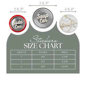 May include: A size chart for stickers with three different sizes: 2 inches by 2 inches, 3 inches by 3 inches, and 4 inches by 4 inches. The chart shows the price for each size, which is $3.99 for the smallest size, $4.99 for the medium size, and $6.99 for the largest size. The chart also shows the quantity of stickers included in each price, which is one sticker for each size.