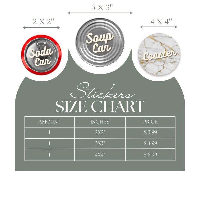 May include: A size chart for stickers with three different sizes: 2 inches by 2 inches, 3 inches by 3 inches, and 4 inches by 4 inches. The chart shows the price for each size, which is $3.99 for the smallest size, $4.99 for the medium size, and $6.99 for the largest size. The chart also shows the quantity of stickers included in each price, which is one sticker for each size.