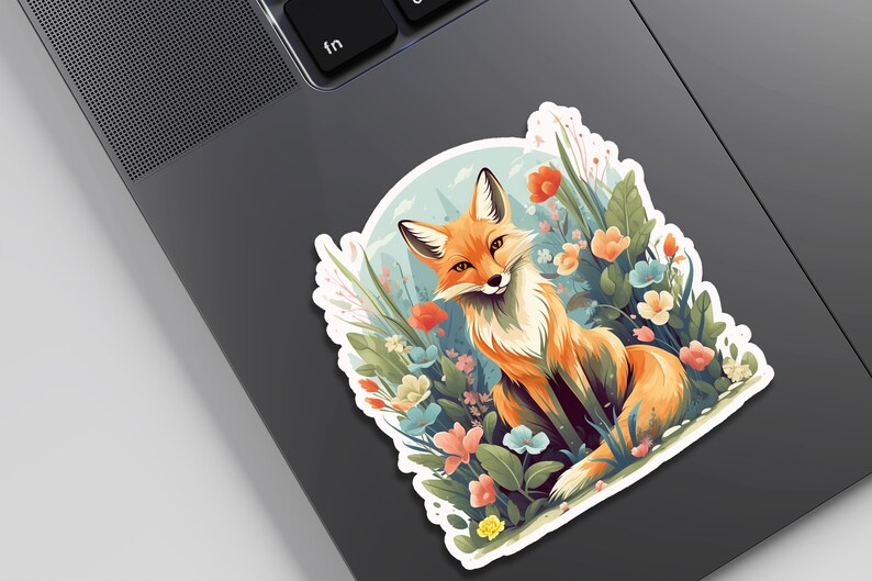 May include: A red fox sits in a field of colorful flowers. The fox has a white chest and a bushy tail. The flowers are in shades of pink, blue, yellow, and orange.