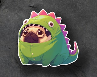 Pug Dinosaur Costume Sticker - Cute Pug in Dino Suit Decal - Fun Dog Lovers Gift - Durable Vinyl Sticker for Laptop, Car, and more!