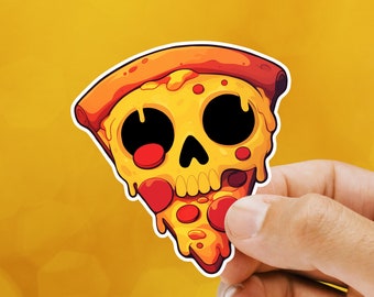 Cheesy Skull Pizza Vinyl Sticker - Foodie Gifts for Friends, Quirky Food Decal for Laptops, Skateboards, Water Bottles