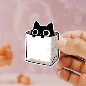 Cute Black Cat in a Bag Sticker - Made in Oregon - Whimsical Cat Lover Gift - Childlike and Playful Art