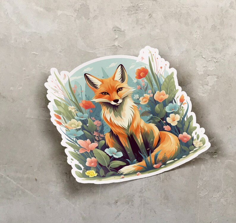 May include: A sticker featuring a red fox sitting in a field of colorful flowers. The fox has a white chest and a bushy tail. The flowers are in shades of pink, purple, yellow, and blue.