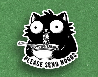 Black Cat Anime Sticker, Please Send Noods Sticker, Animal Decal, Gifts for foodies, black and white waterproof decal