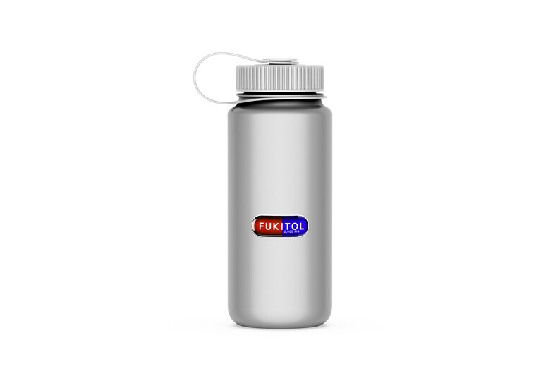 Funny FUKITOL pill-shaped sticker on waterbottle