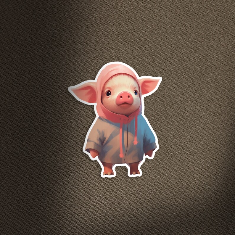 May include: A pink pig wearing a blue hooded jacket. The pig has a pink nose and is looking to the left.